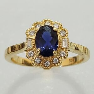 Vintage Gold Over Sterling Silver Sapphire  White Topaz And Cz Halo Ring Sz. 8